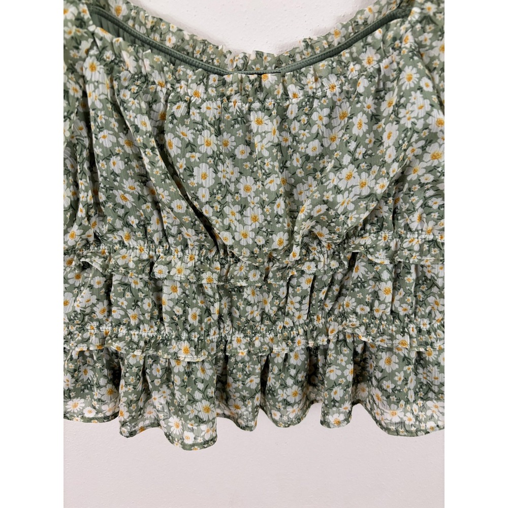 Moa Moa Blouse Womens XL Green Daisy Floral Babydoll Cropped‎ Ruffle Boho Top - Picture 3 of 9